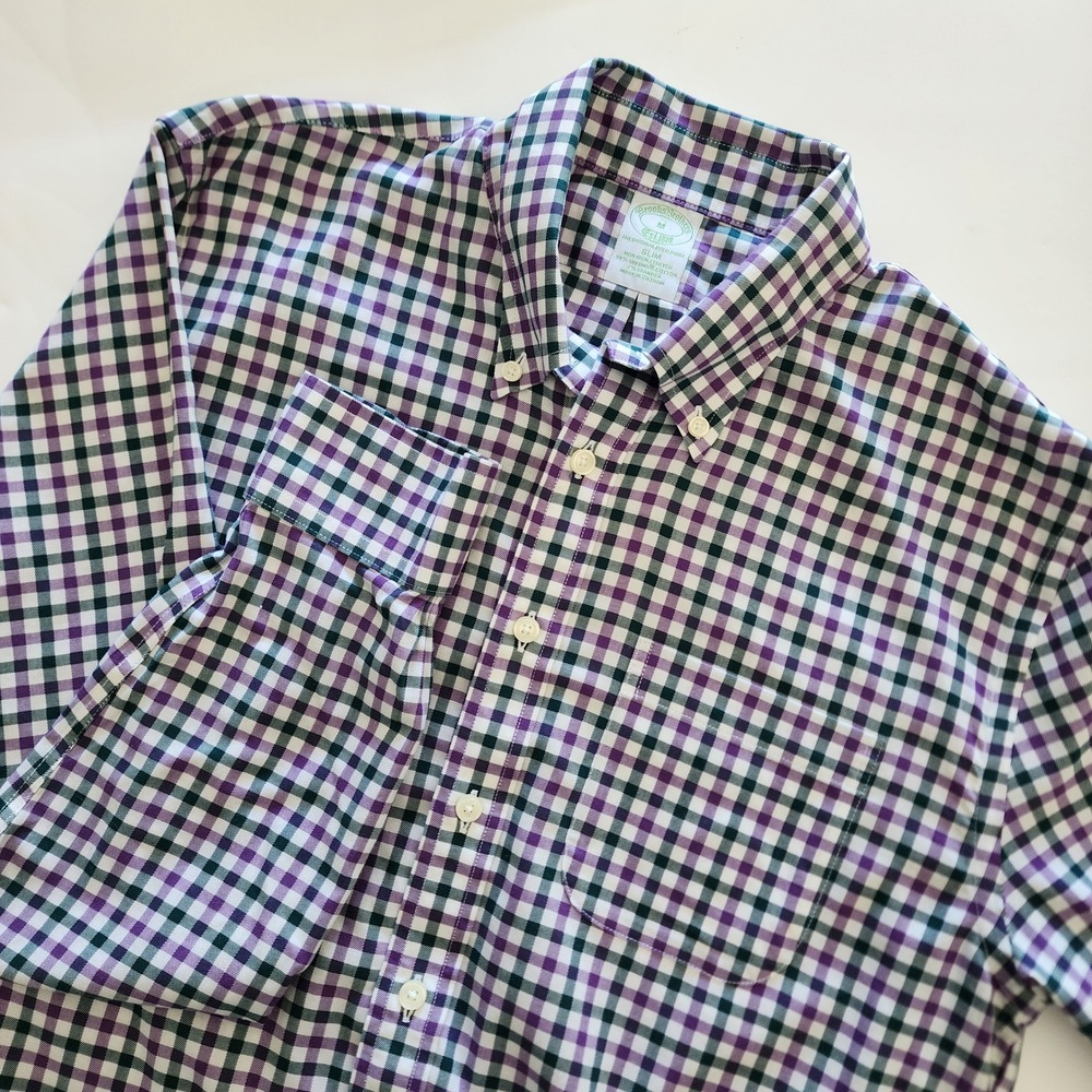 Brooks Brothers‎ Slim purple blue Shepherd Check button front shirt mens size M